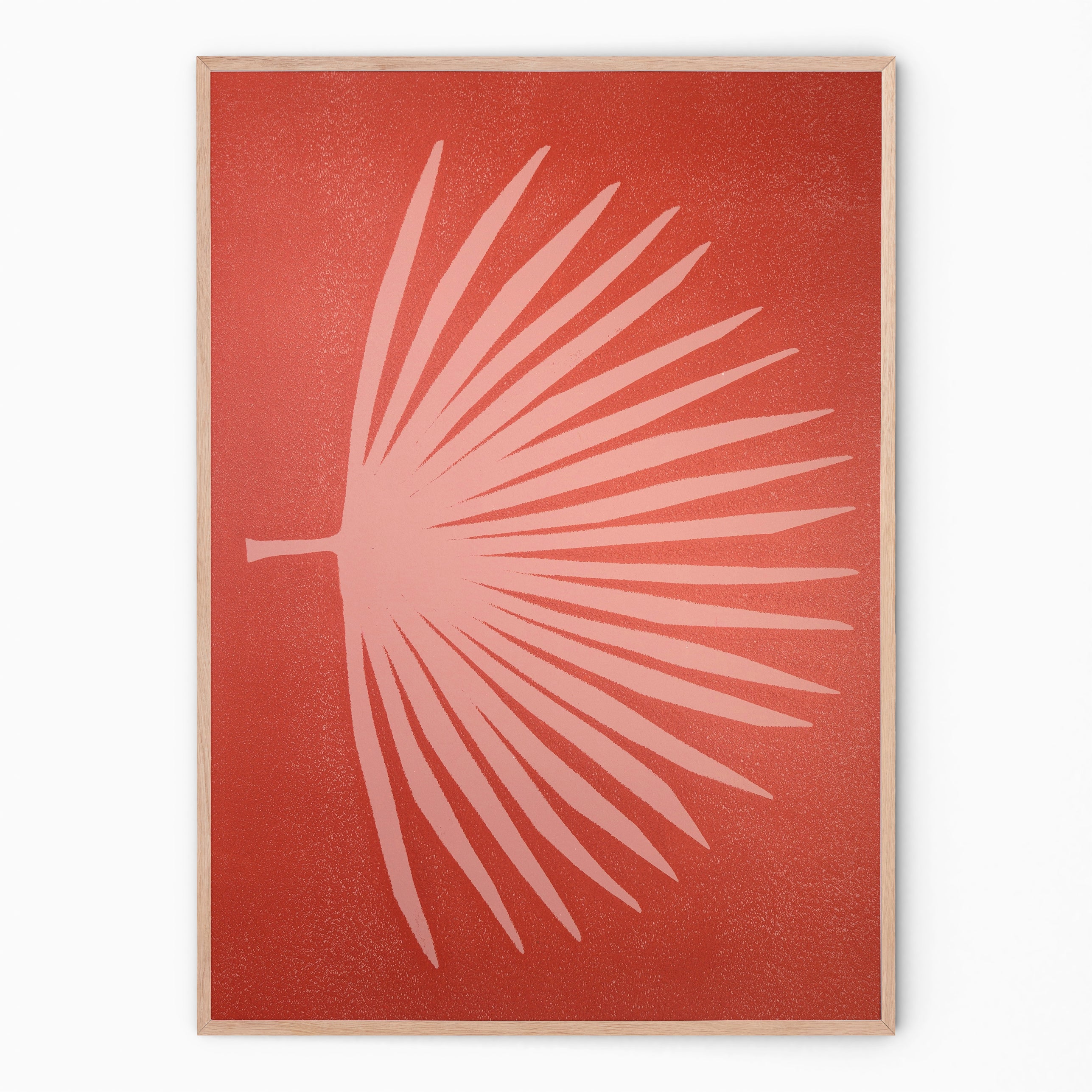 Red and blush botanical print with palm branch I Handmade poster Enkel Art Studio