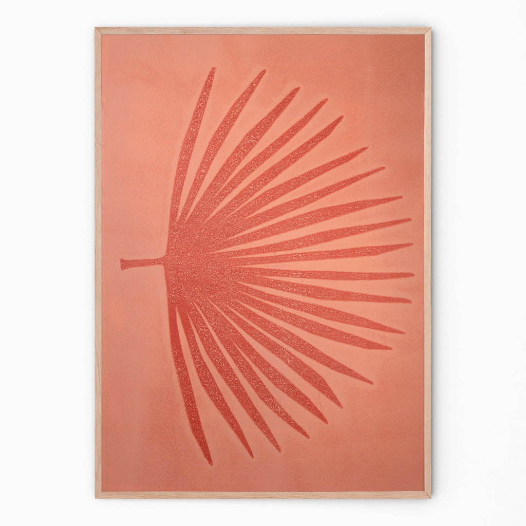 Peach and red botanical print with palm branch I Handmade poster Enkel Art Studio