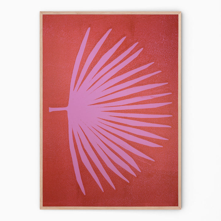 Red and soft pink botanical print with palm branch I Handmade poster Enkel Art Studio