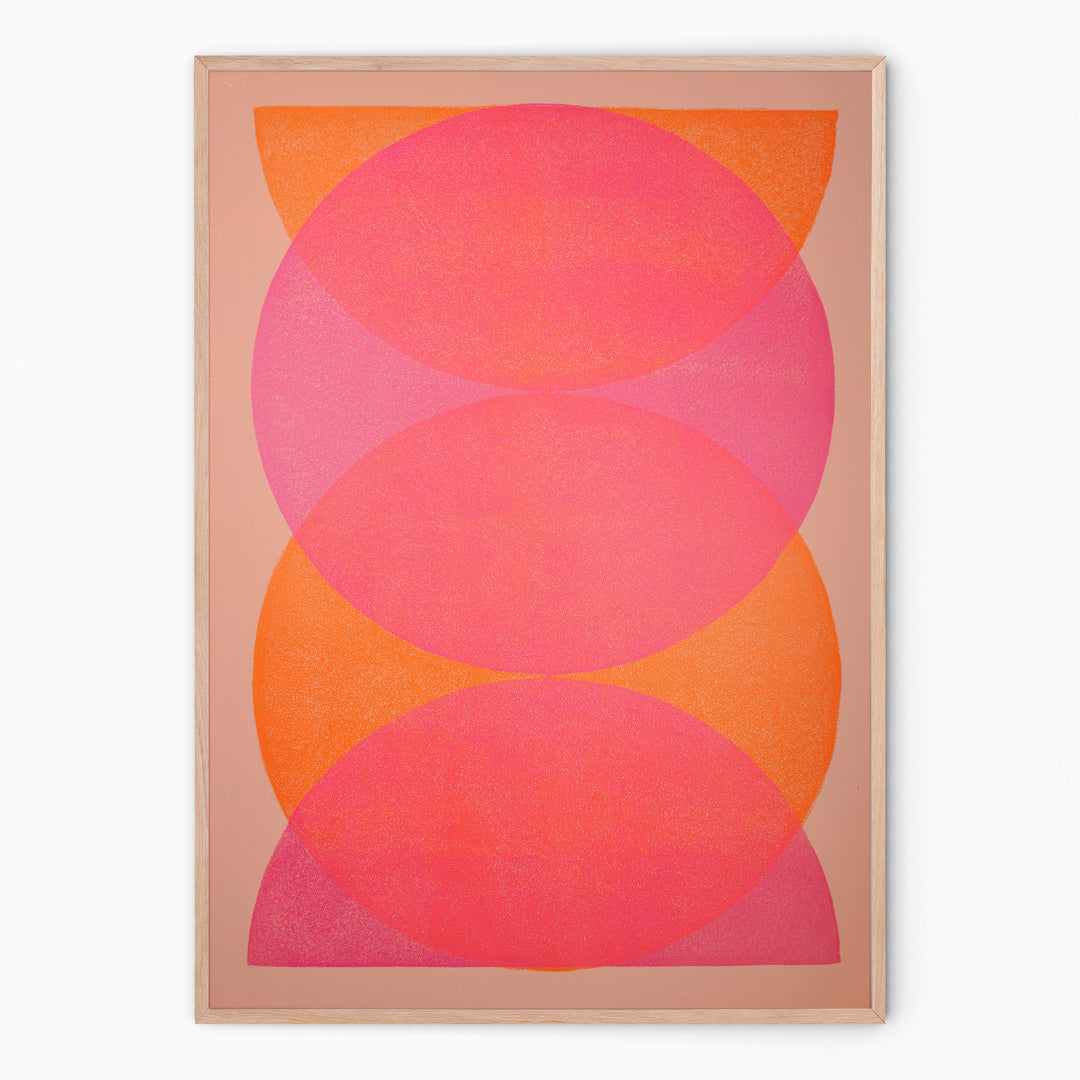 Large wall art in pink and orange circular forms I Handmade poster Enkel Art Studio